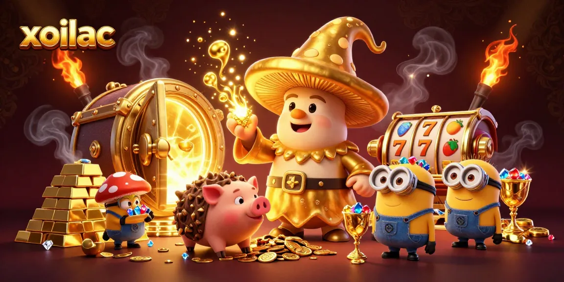 Xoilac casino illustration showcasing magical characters amidst treasure and slot games, enhancing online gaming excitement.