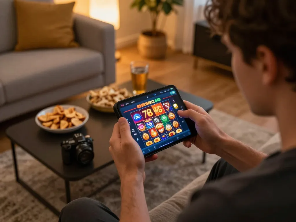 Player engaging with 78win casino app on smartphone in a cozy living room gaming environment.