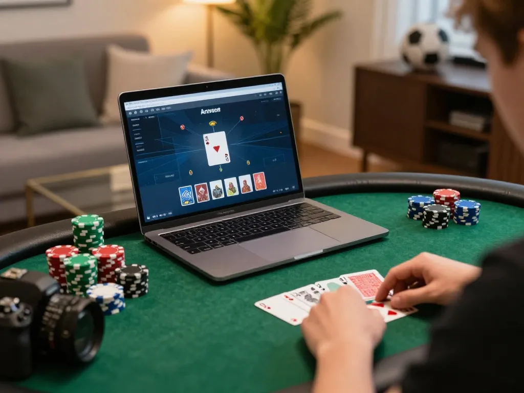 Player enjoying a strategic poker game online at TR88, focused on cards and chips in home setting