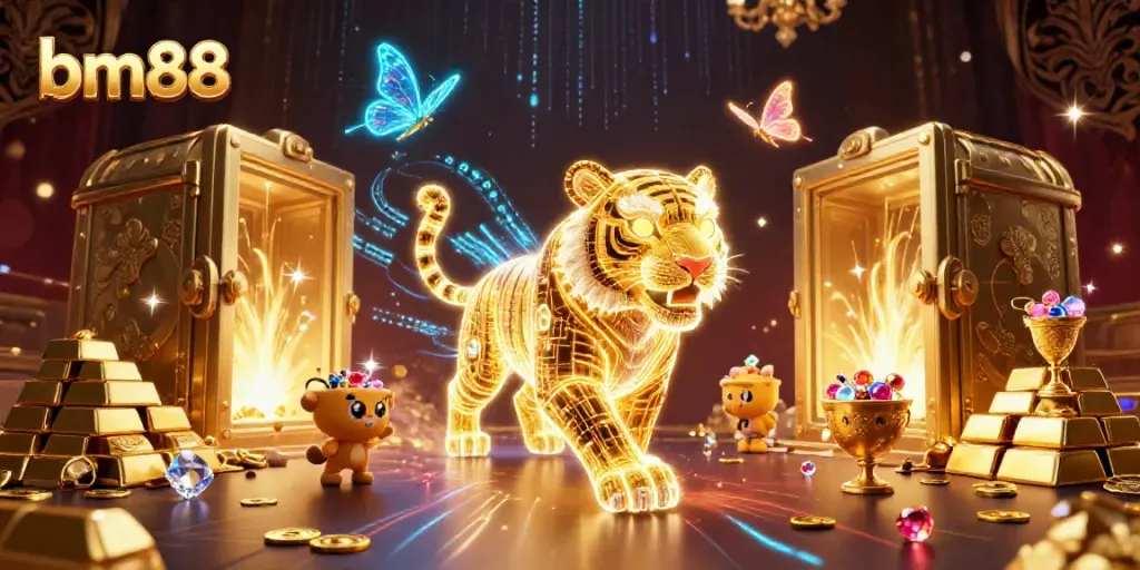 Engage with bm88's thrilling digital casino adventure, featuring a golden tiger and treasure elements.