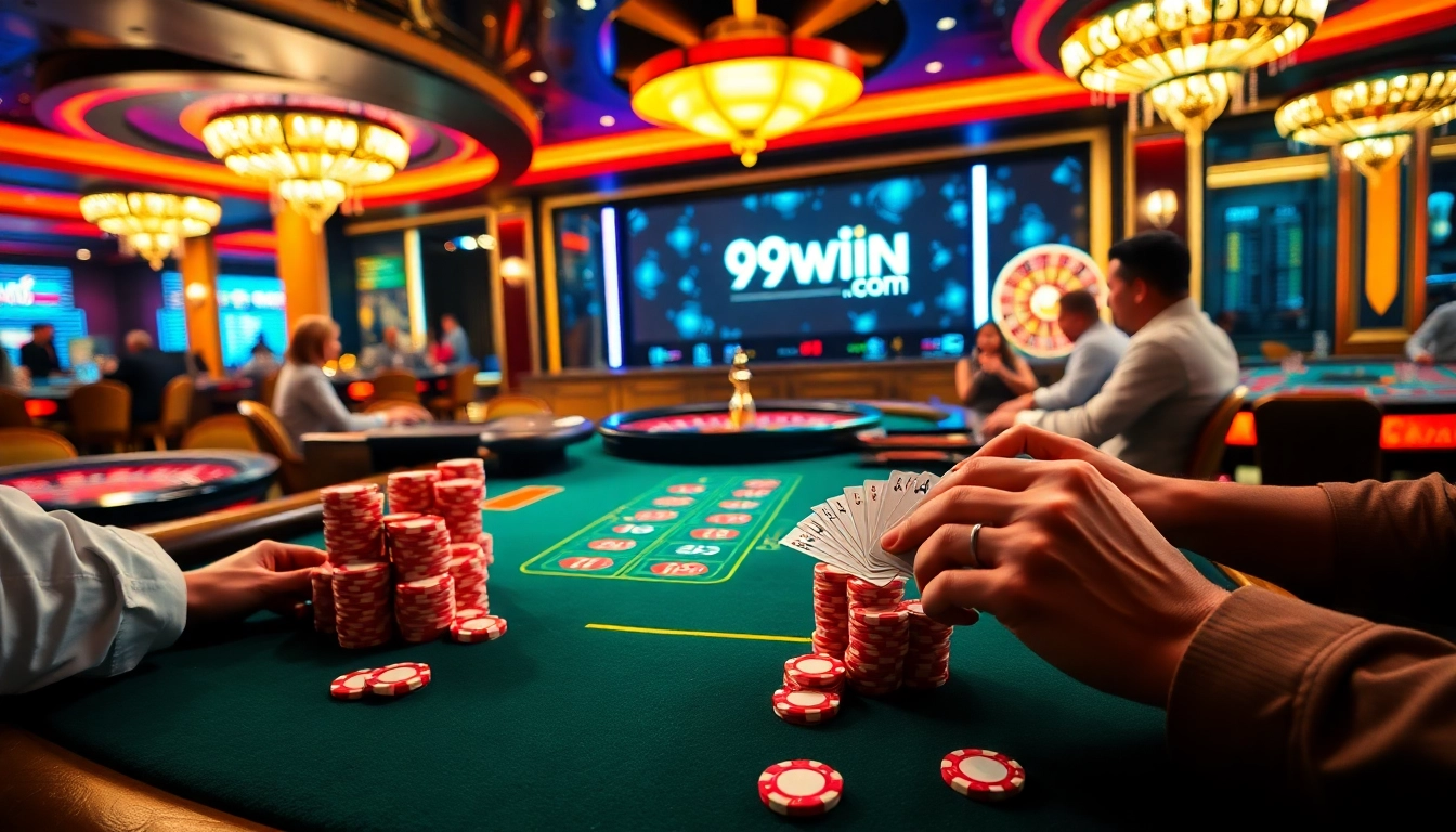 A dynamic casino scene highlighting 99win com with players at poker tables and roulette, showcasing excitement and luxury.