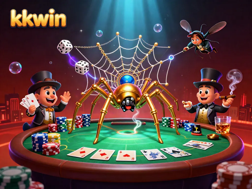 kkwin showcases a vibrant 3D casino scene with a golden spider and poker elements, emphasizing high-stakes excitement.