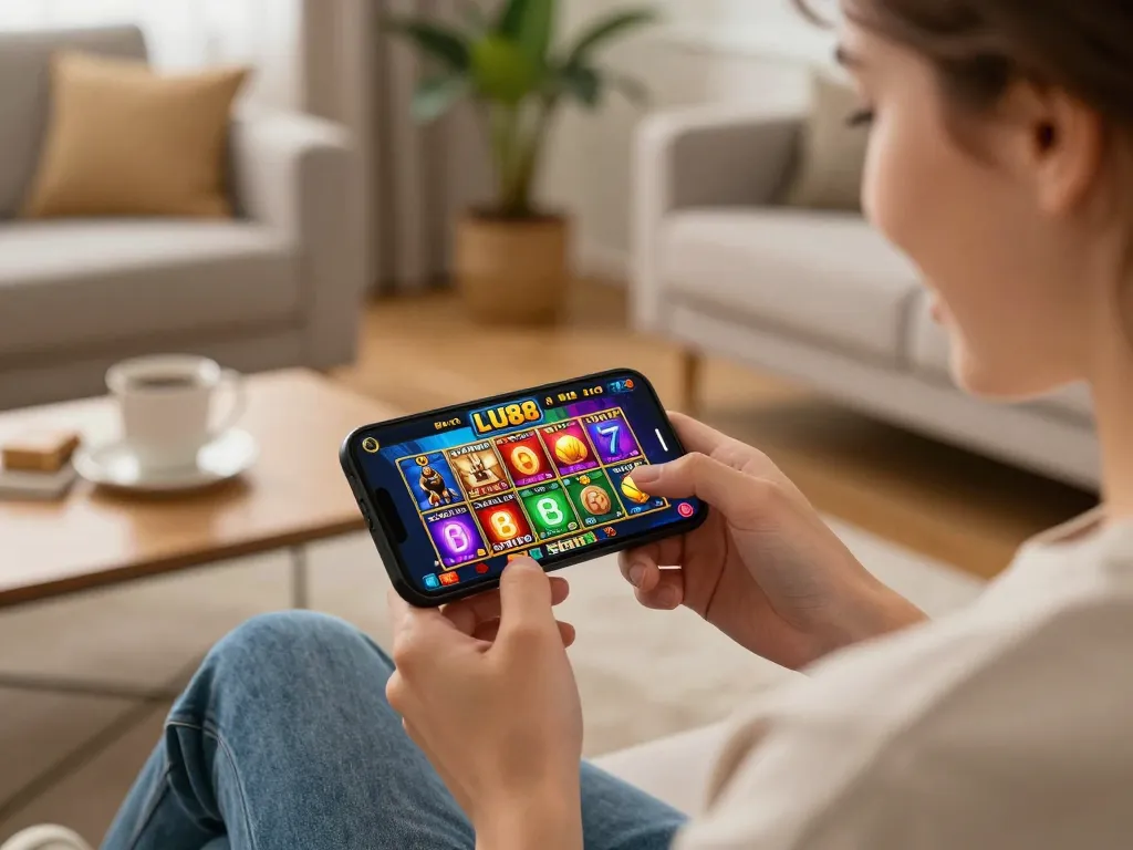 Engaging with LU88 casino app on smartphone, enjoying vibrant mobile gaming experience.