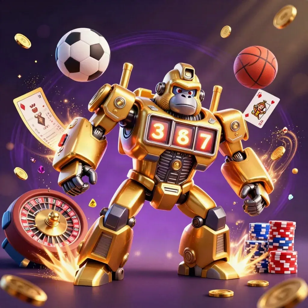 Golden gorilla slot-mech with monkey pilot, coins, cards, roulette wheel and sports balls in a casino blast.