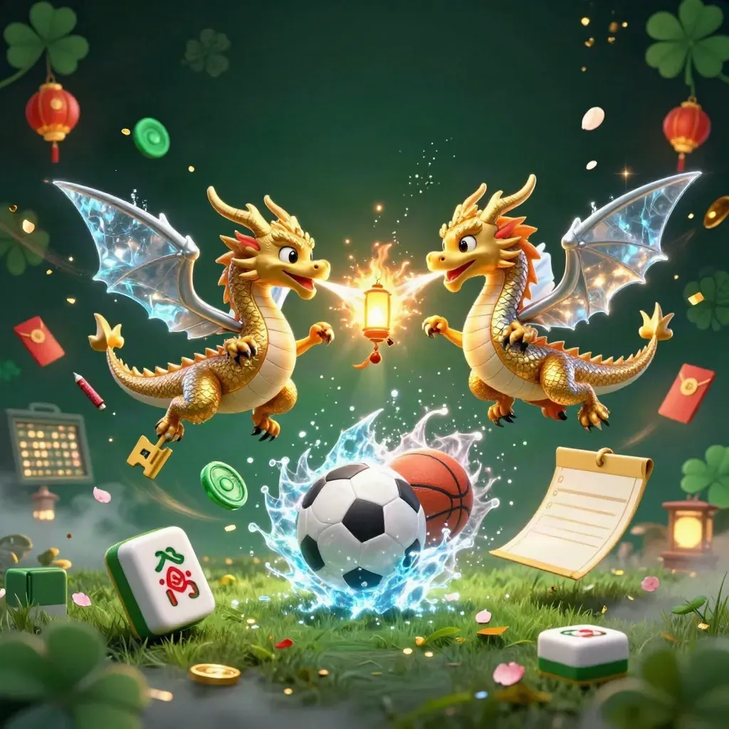 Gold and silver dragons swirl through casino-sports icons in emerald neon with fire, ice, and lantern glow.