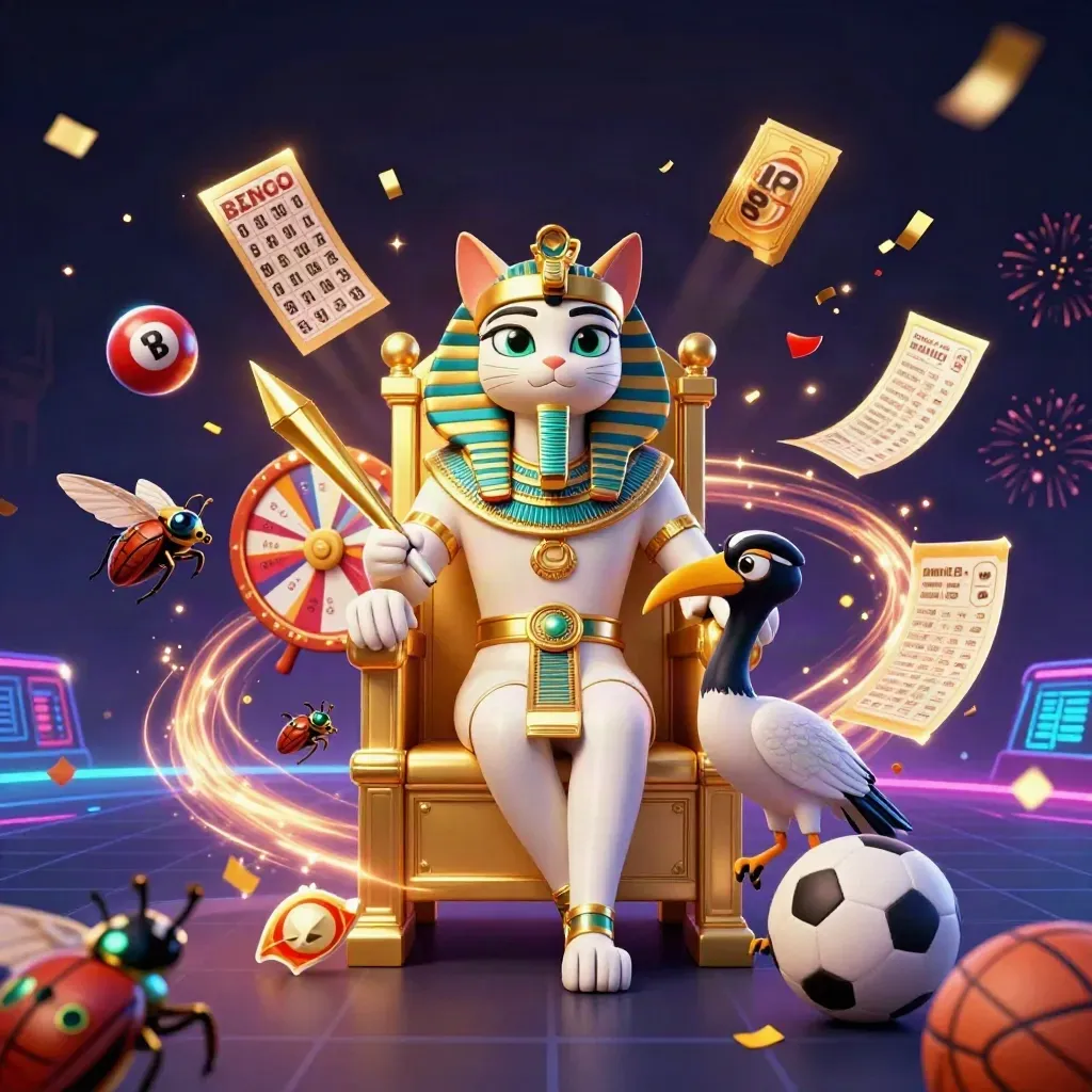 Pharaoh cat, ibis scribe and scarabs amid flying casino props and sports balls.