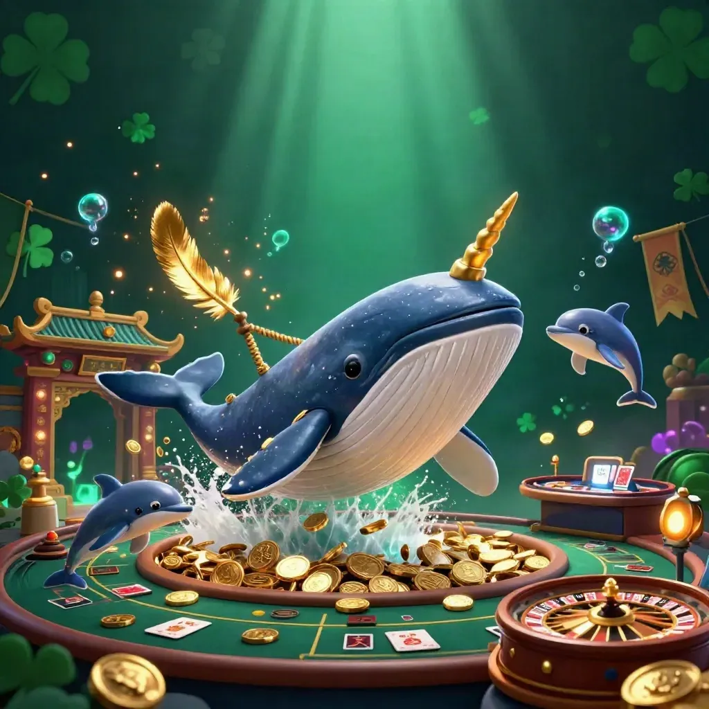 Whale captain and narwhal surge through gold coins in a neon casino temple scene.