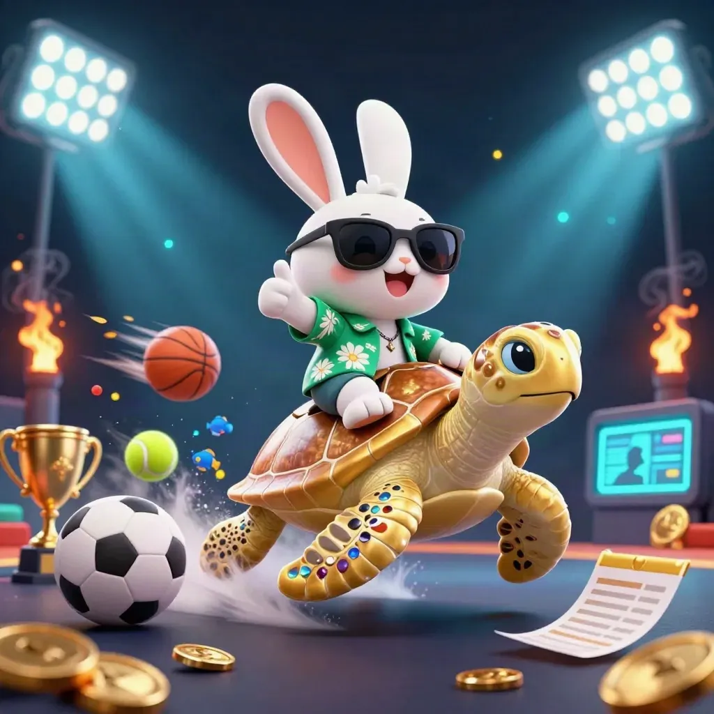 Rabbit on a golden turtle with flying sports balls, coins, trophy and floodlights.