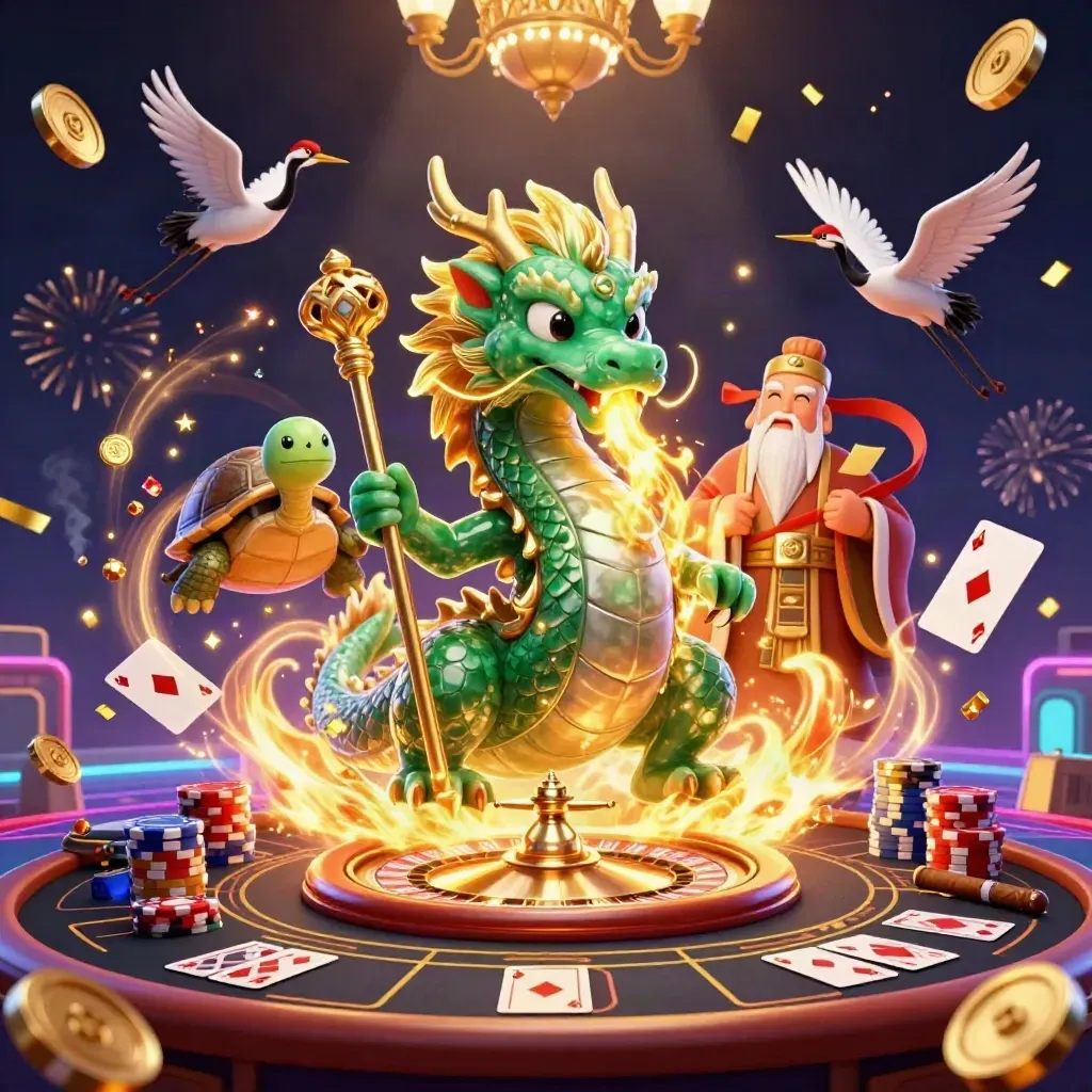 Emerald dragon, turtle sage, and cranes amid casino glow, coins, cards, chips, and fireworks.
