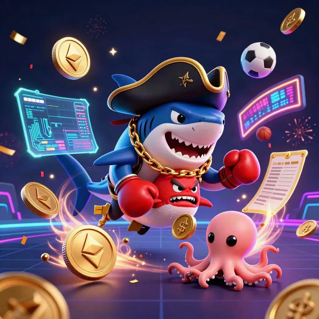 Ground-level pirate shark, pufferfish and octopus amid casino coins and neon energy.