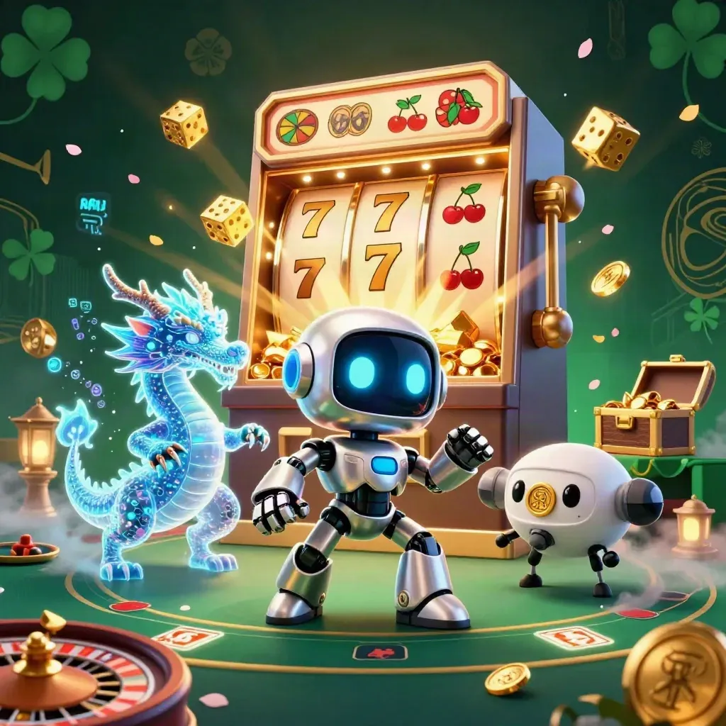 Robot, holographic dragon and coin drone amid a jackpot slot, gold glow, dice and emerald casino haze.