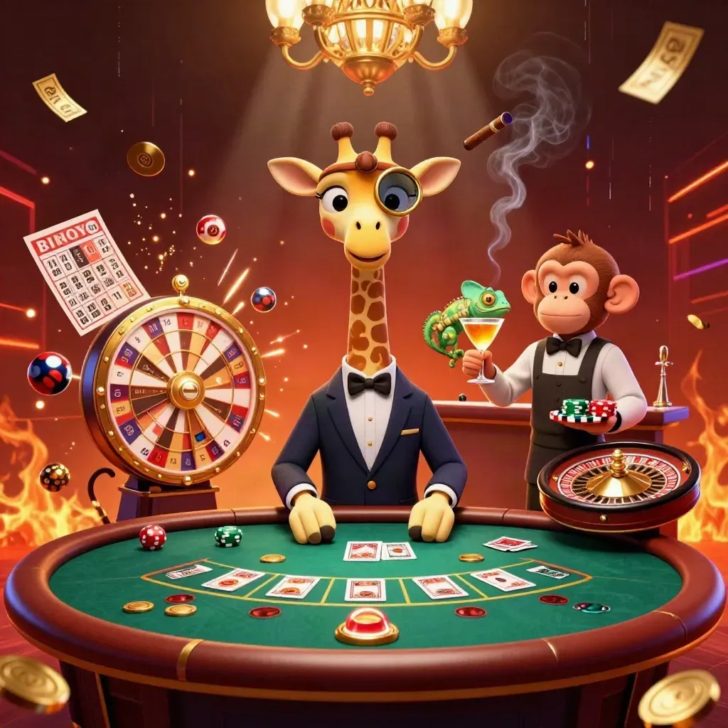 Giraffe, monkey valet, and chameleon bartender in a luxe casino burst of wheels, cards, and gold lights.