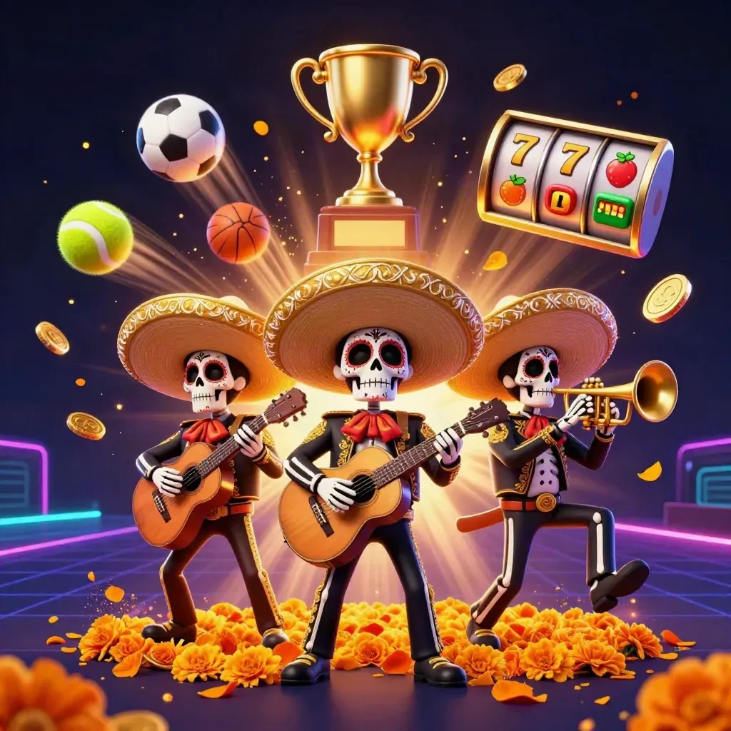 Day-of-the-Dead mariachi skeleton trio amid flying sports balls, coins, trophies, and casino glow