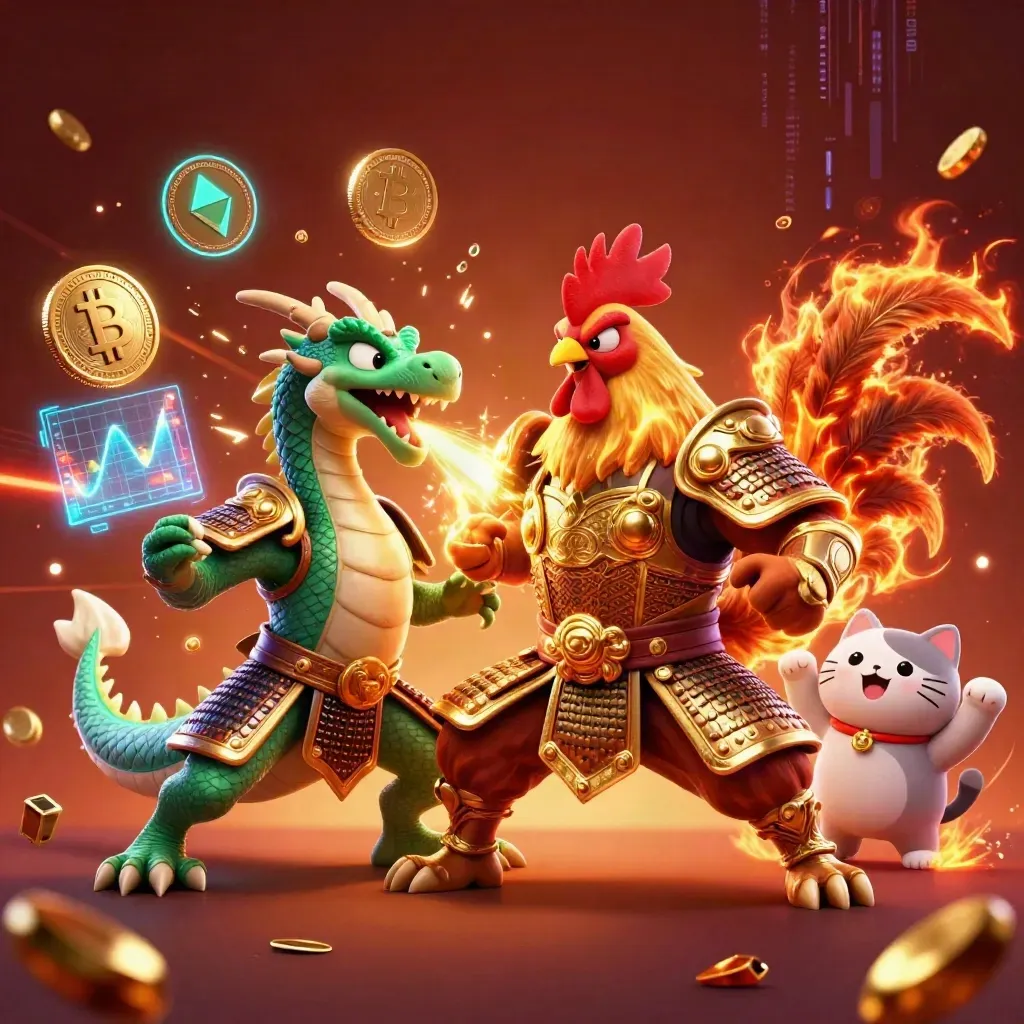 Rooster warrior, spark-breathing dragon hatchling, and fortune cat amid emerald casino energy.