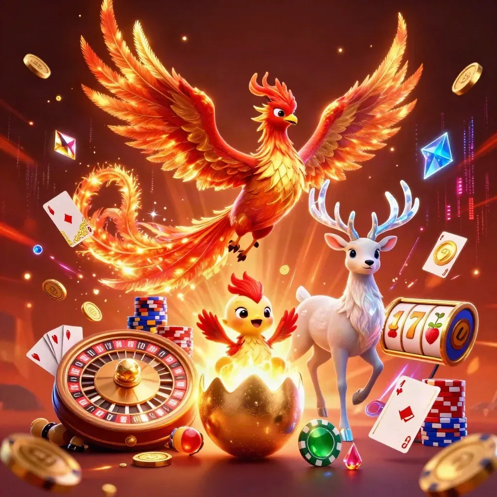 Fire phoenix, hatching baby phoenix, and crystal stag amid casino coins, cards, and glowing reels.