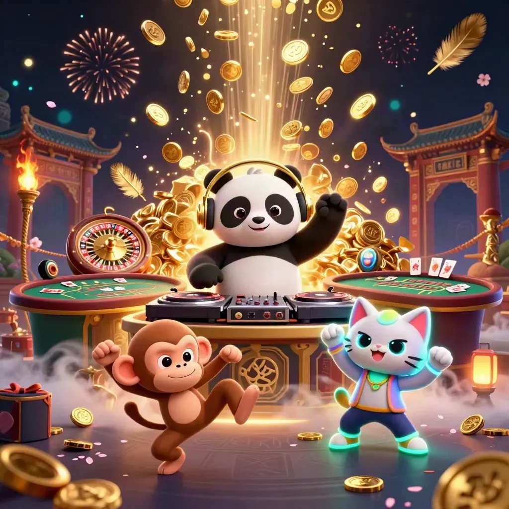 DJ panda, dancing monkey, and glow-stick kitten amid bursting gold, coins, and casino glow.