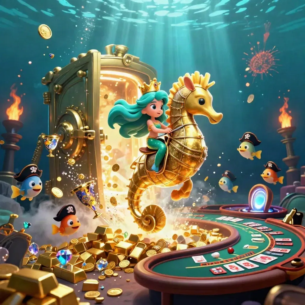 Mermaid princess on armored seahorse amid vault riches, casino props, and fireworks underwater.