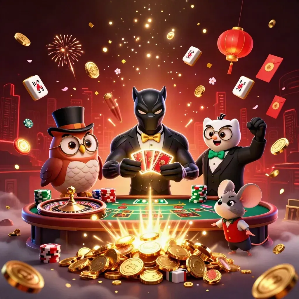 Panther, owl, and mouse celebrate amid coins, fireworks, lanterns, and casino glamour.