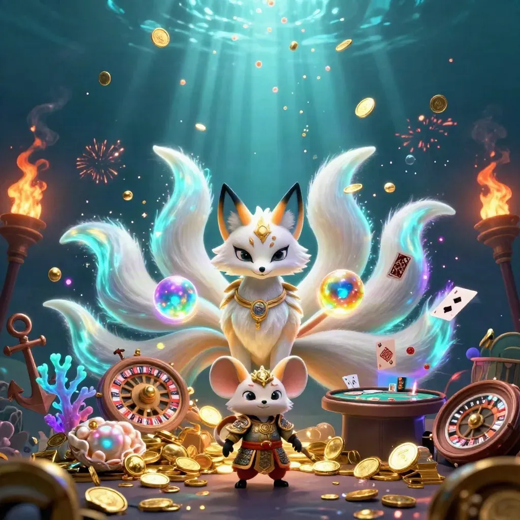Fox spirit and golden mouse amid underwater treasure, coins, cards, and casino magic.