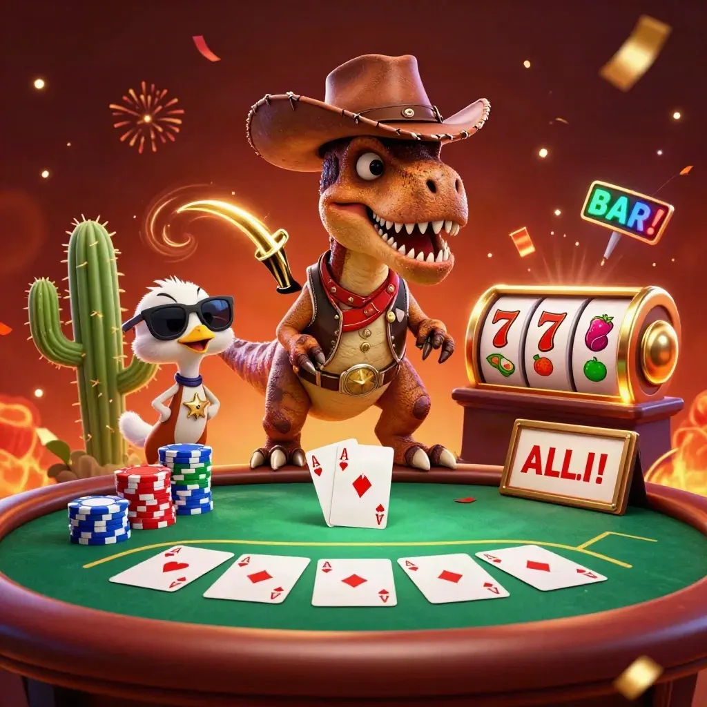 Cowboy T-Rex, cactus sidekick, and sheriff roadrunner at a glowing casino poker table.