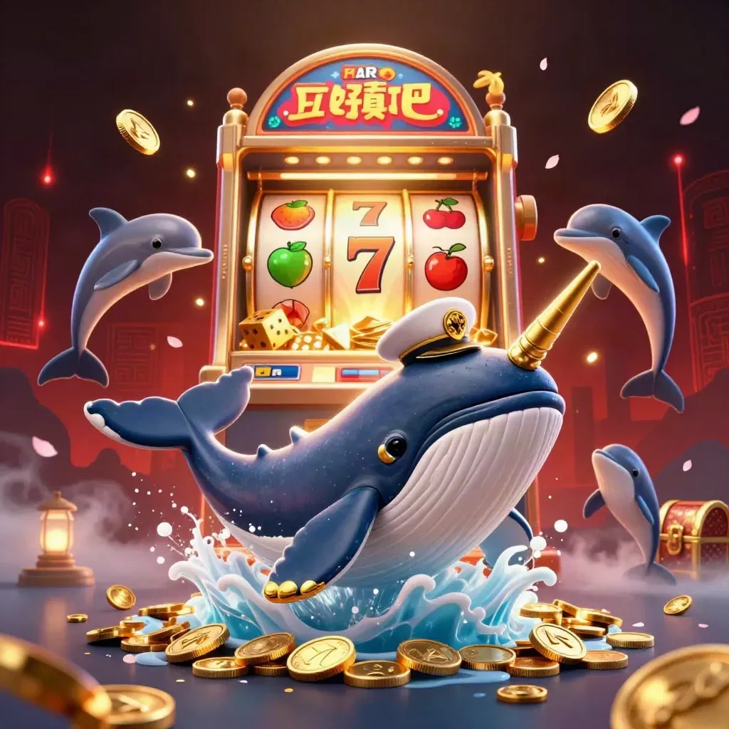Cartoon whale captain, narwhal, dolphins, slot machine coins, gold rays, dark casino glow
