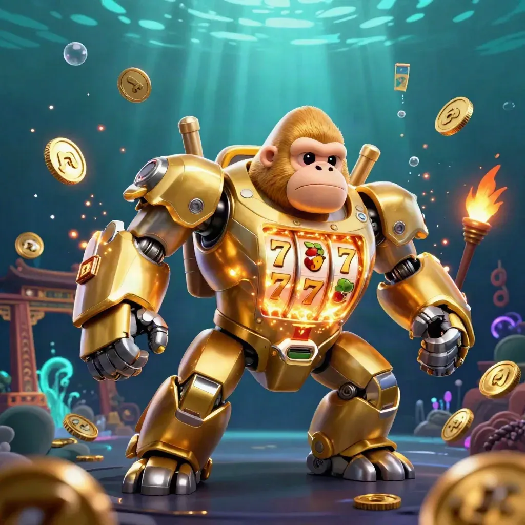 Golden gorilla slot mech with tiny monkey pilot, glowing underwater casino action