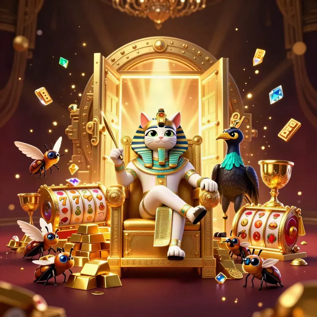 Pharaoh cat throne art with ibis scribe, gem scarabs, vault glow, and casino symbols