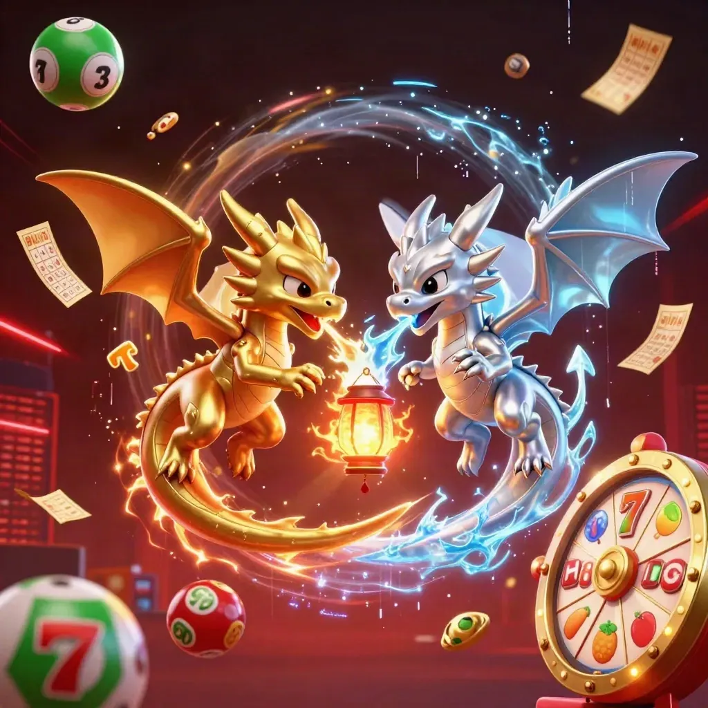 Twin gold and silver dragons swirl in a fire-and-ice yin-yang around a tiny lantern spirit.