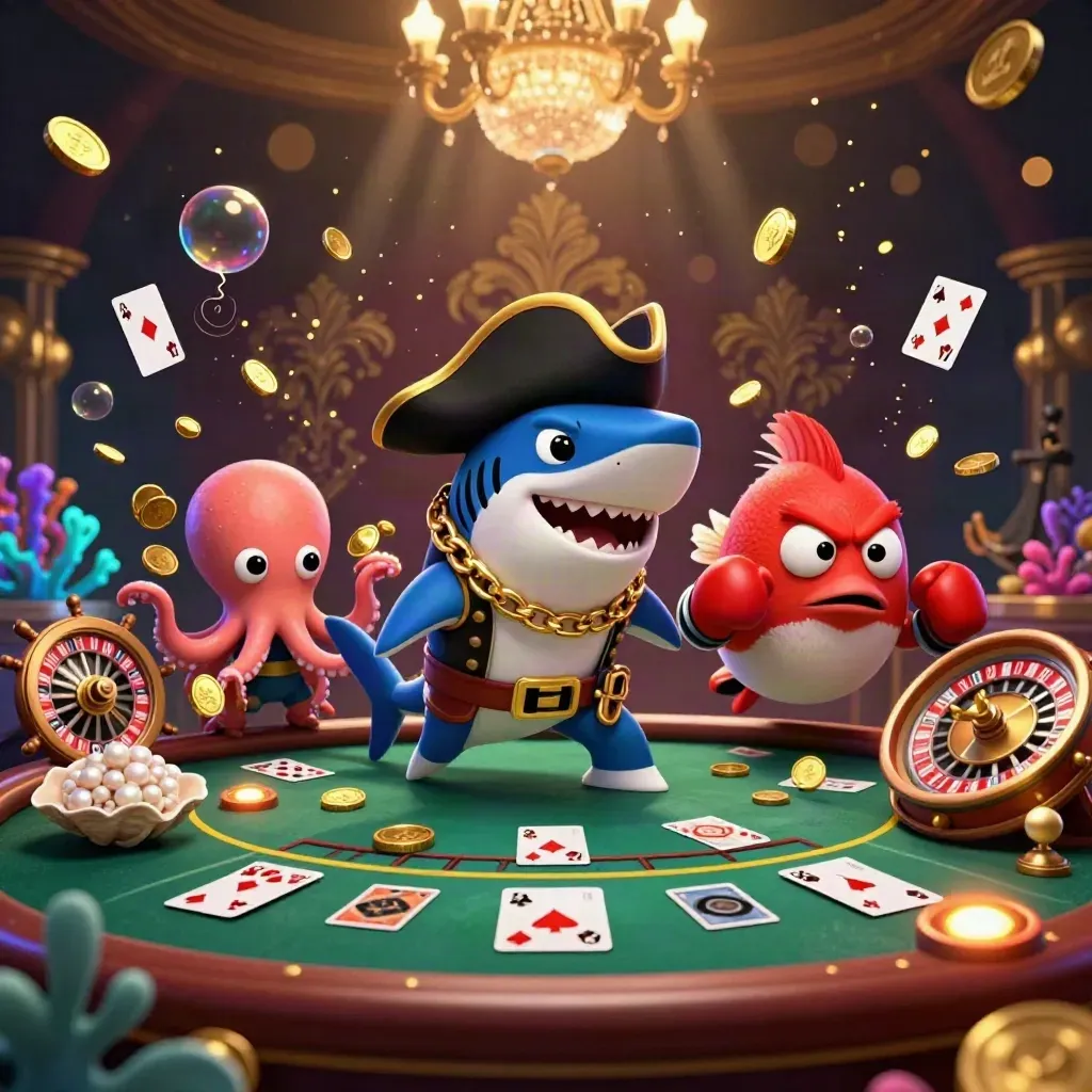 Shark pirate, boxing pufferfish, and juggling octopus amid casino treasure and glowing cards.
