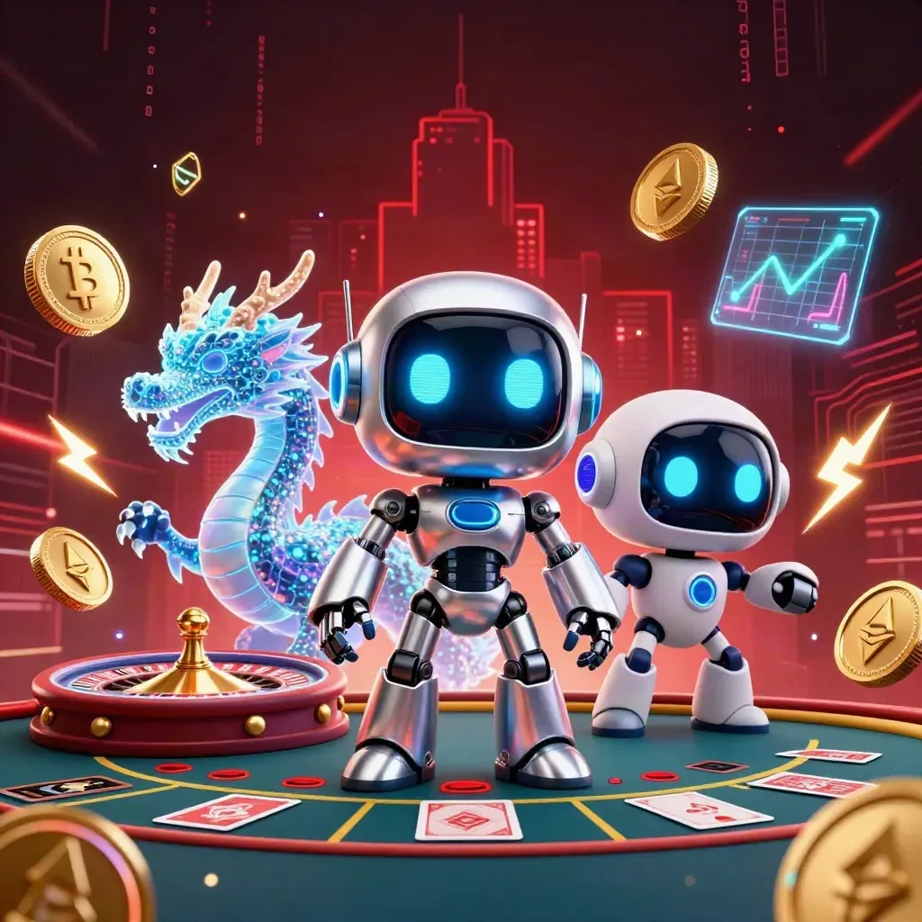 Robot mascot, holographic dragon and coin drone amid casino symbols and neon energy.