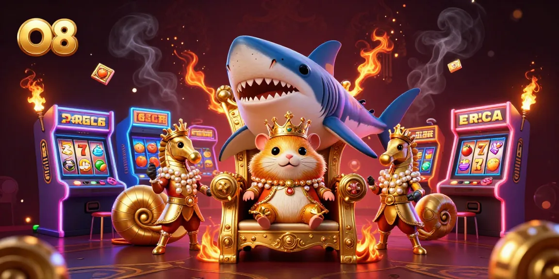 Engaging O8 casino scene with a golden hamster king and colorful slot game elements.