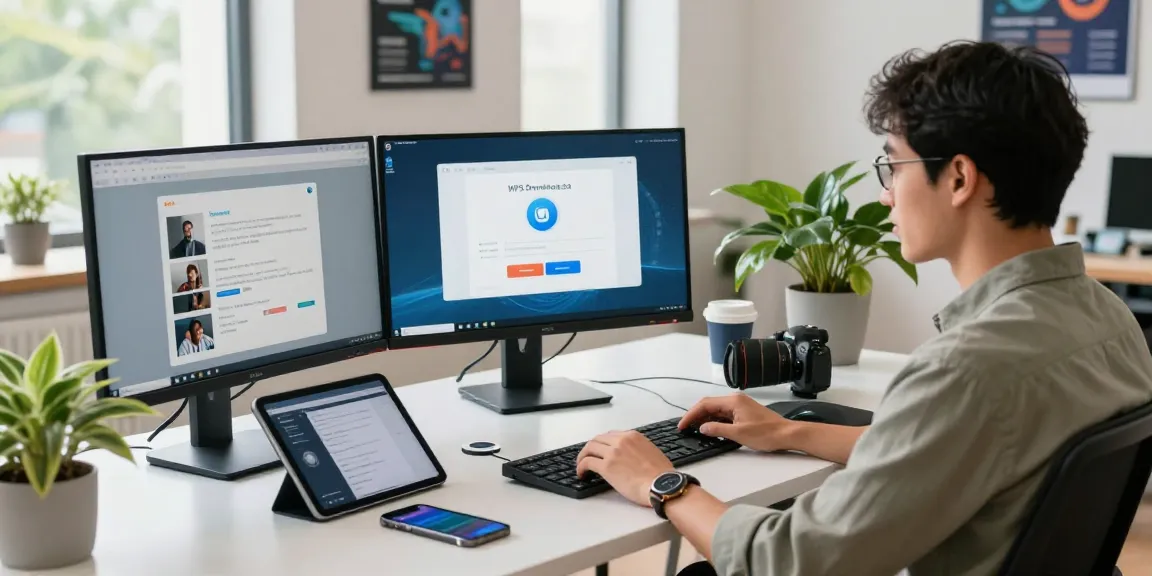 WPS Download in a modern tech workspace with multiple screens and gadgets.