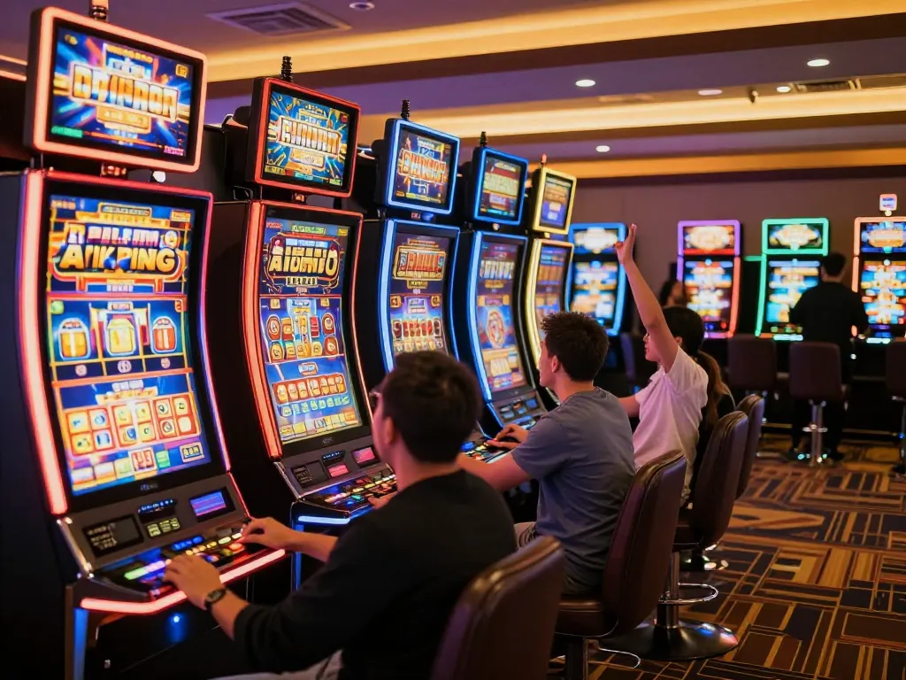 Players enjoying thrilling games at Red88's lively slot machine area, colorful machines and festive atmosphere.