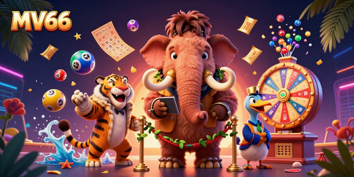 Experience the excitement of MV66 with a vibrant scene featuring a woolly mammoth bouncer, VIP saber-tooth tiger, and lively casino elements.
