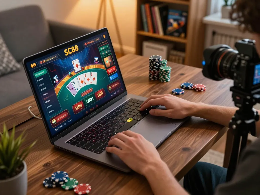 Engaging in online casino gaming with SC88, showcasing vibrant home setup.