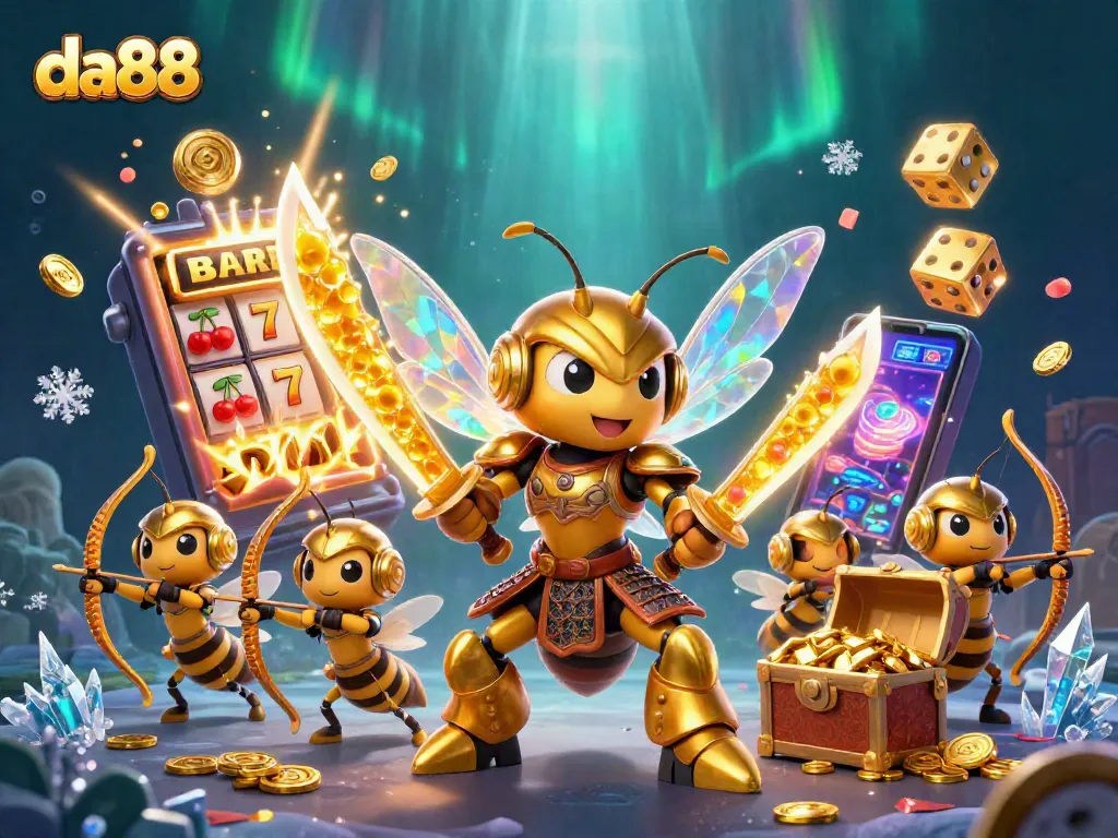 Experience da88's vibrant 3D casino scene with a golden hornet and dynamic game elements