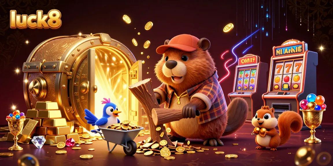 Join the fun at luck8 by spinning slots with golden rewards in this vibrant illustration.