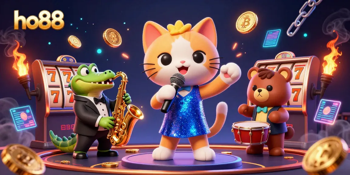 Experience exhilarating slot games at ho88 with a lively casino scene featuring animated characters.
