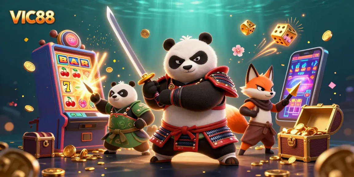 Engage with VIC88's thrilling online gambling adventure featuring vibrant slot action and dynamic characters.