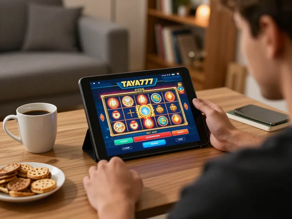 TAYA777 player enjoying thrilling online slots on tablet in cozy home setup with warm lighting