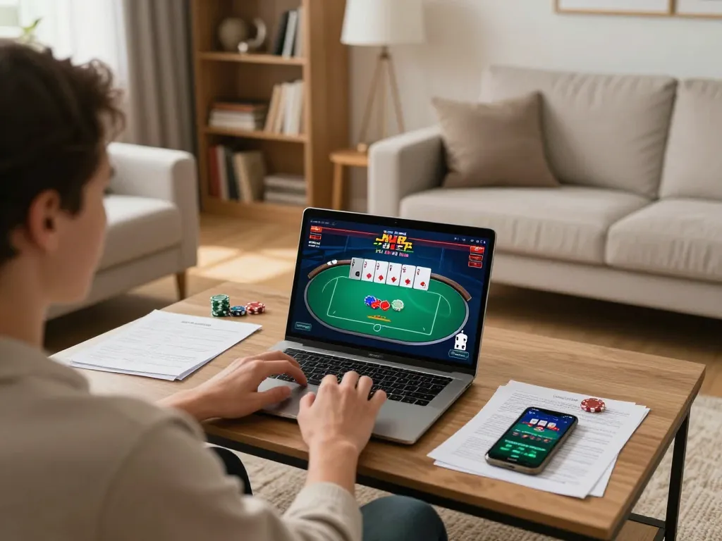 Xo88 player engaged in online poker gameplay, showcasing laptop screen with poker cards and chips.