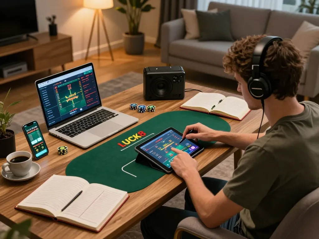 Người chơi nhiệt tình sử dụng LUCK8 để chơi poker chiến lược trên máy tính bảng trong một ngôi nhà phong cách.