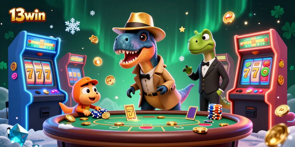 Play exciting games at 13win with a velociraptor card counter amid colorful gaming elements.