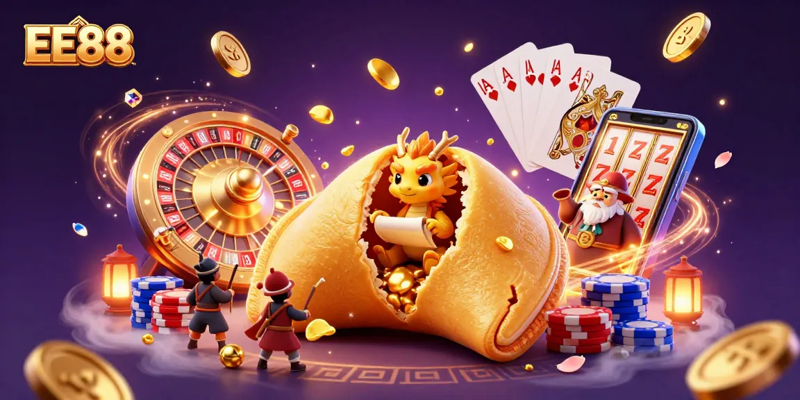 Experience thrilling moments at EE88 with a majestic dragon and golden fortune cookie illustrating casino gaming excitement.