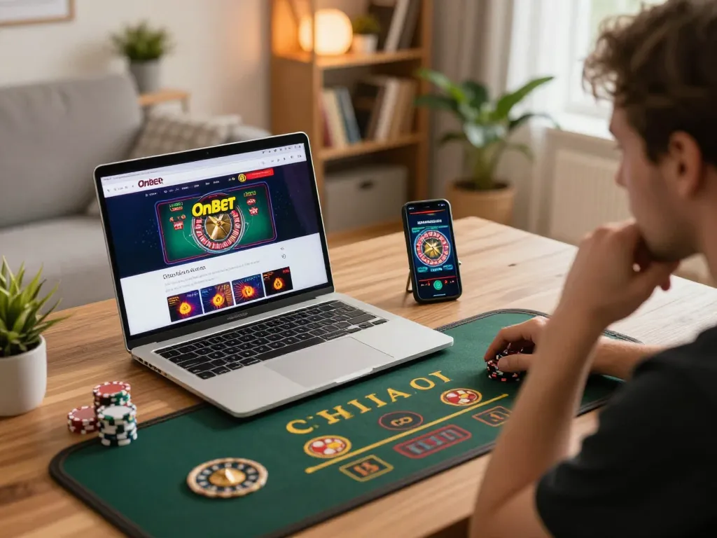 Engaging online gaming session on OnBet platform with laptop and smartphone