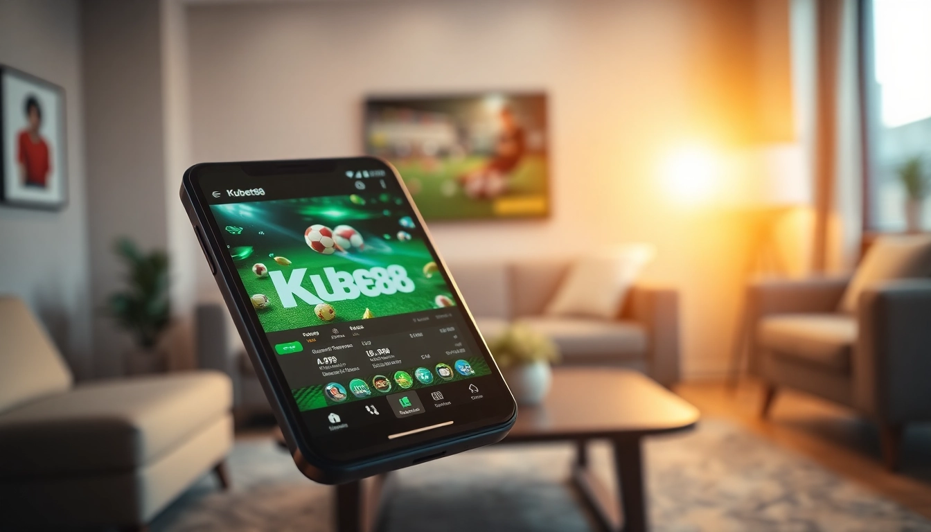 Tải game Kubet88 on a smartphone showcasing its sleek interface in a modern setting.
