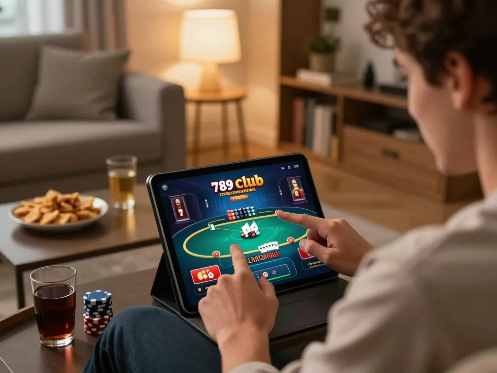 Player enjoying the 789 club online casino app on a tablet in a cozy living room, excited gameplay ambiance.