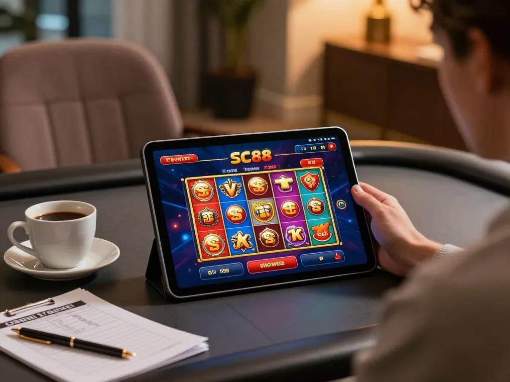 Player engaging with the SC88 mobile casino app in a cozy home setting, emphasizing strategic gameplay.