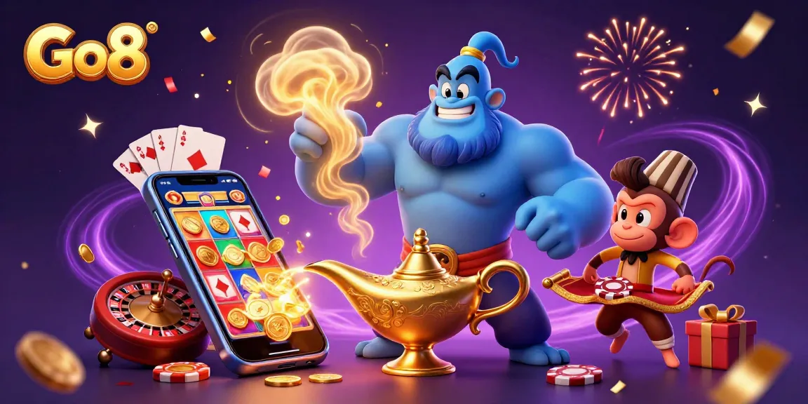 Experience thrilling gameplay at Go8 with a lively 3D illustration of a genie, poker chips, and celebratory elements.