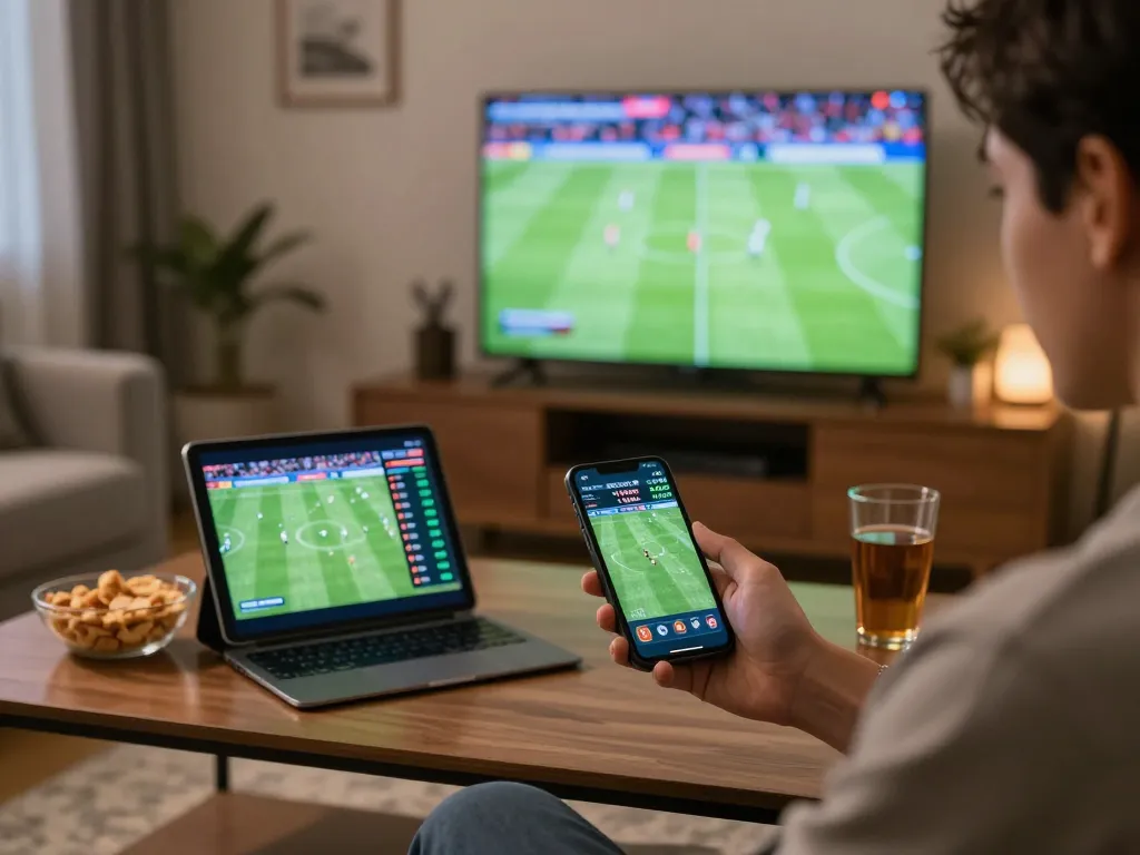 Excited bettor checking live odds on 88VIN app during a football match at home.